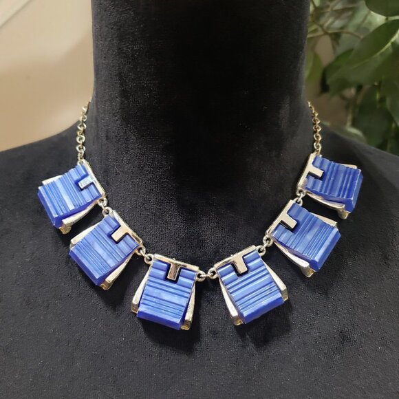 Women Fashion Gold & Blue Tone Geometric Shape Link Chain Choker Necklace - Picture 2 of 6